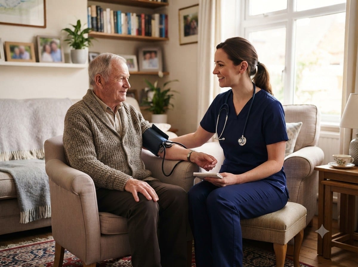 Clinician providing care in a comfortable home setting